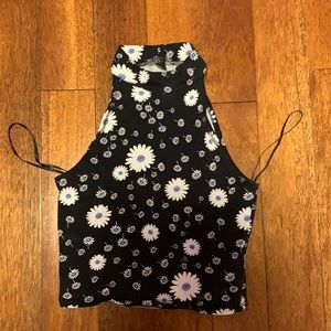 black high neck shirt with blue flowers